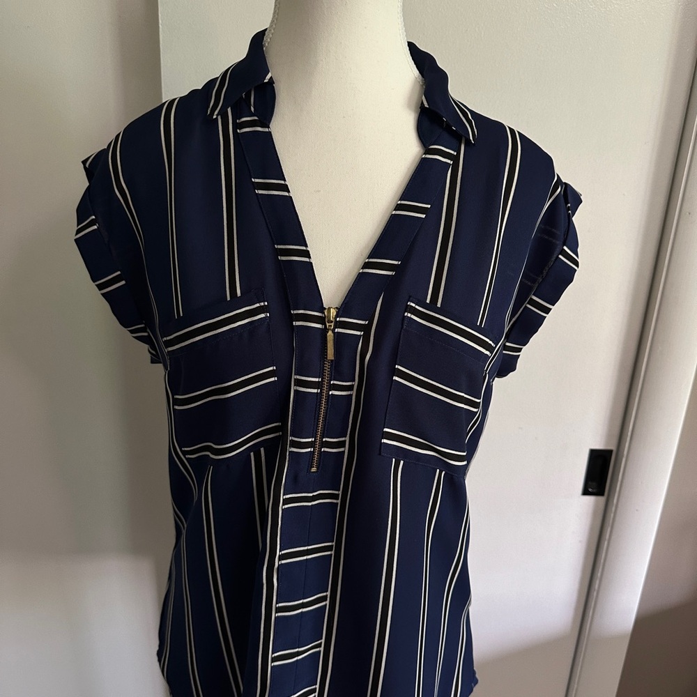 Express Blue and White Cap Sleeve Mandarin Collar Blouse